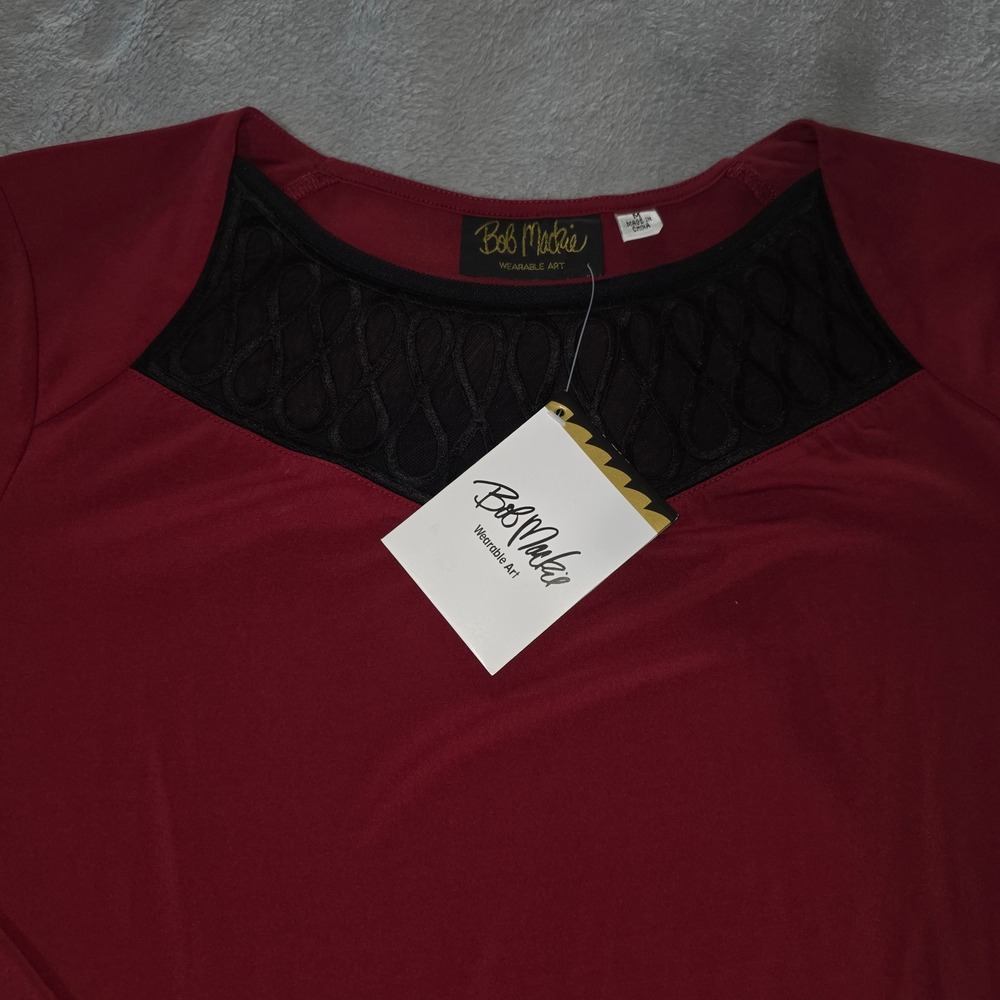 Bob Mackie Wearable Art Red Blouse Black Lattice Neckline Womens Medium NWT